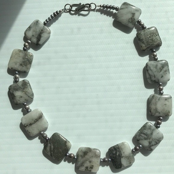 Vintage Handmade Quartz Pyrite Pearls Sterling Silver Necklace approx 16 inch - Picture 3 of 8